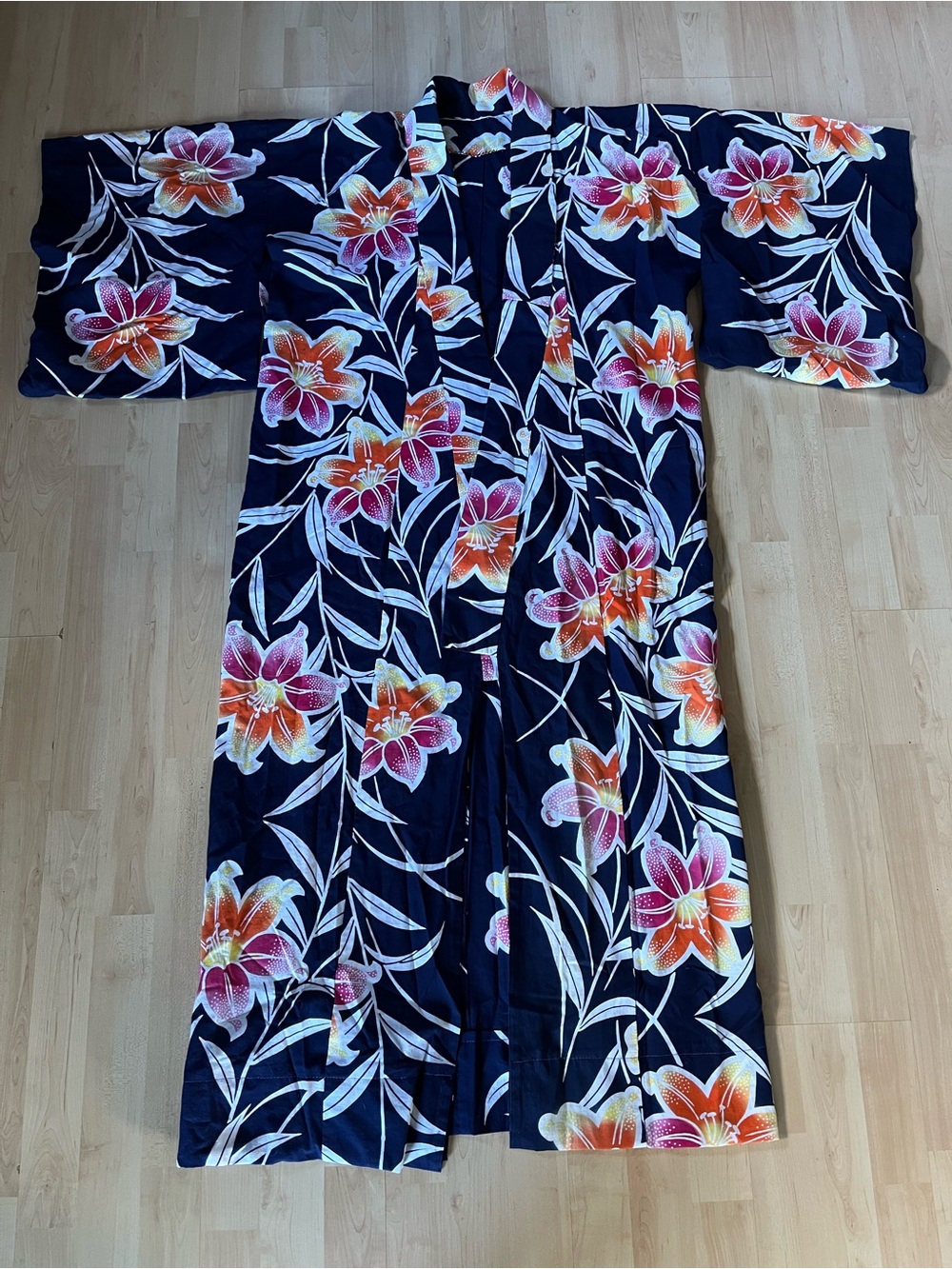 Navy Floral Kimono Robe with Pink & Orange Blooms